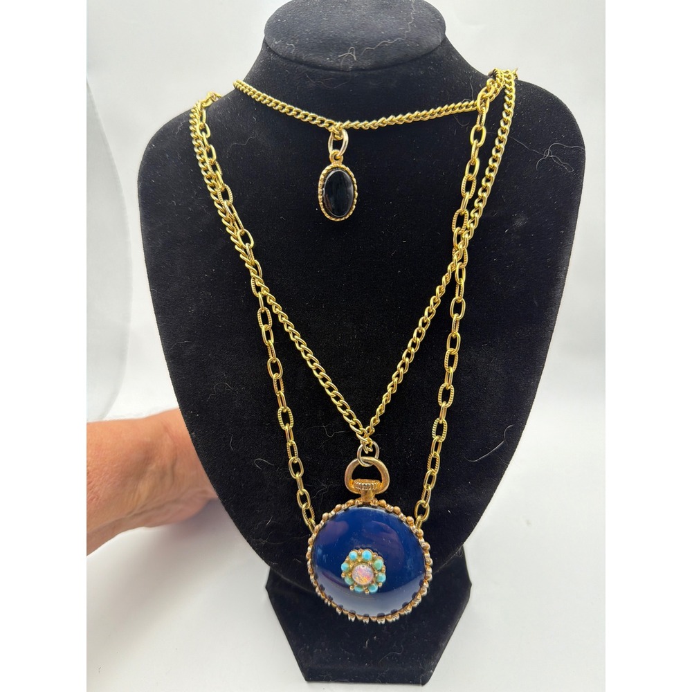 Vintage Multi Strand Layered Necklace Gold Tone Blue & Black Cabochon Pendants